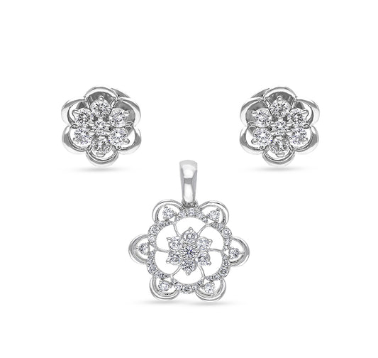 Floral Design Round Natural Diamond White Gold Pendant Set