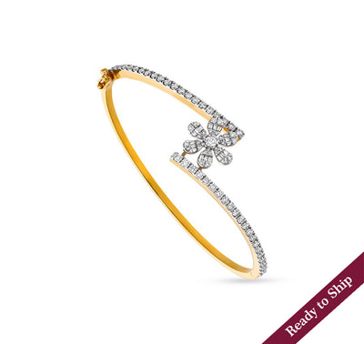 Flower Shape Baguette Cut with Round Natural Diamond and Channel Set Yellow Gold Box Clasp Bracelet