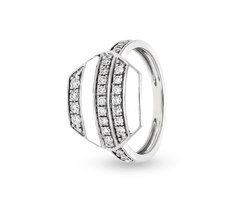 Hexagon Shape White Enamel With Round Natural Diamond Casual Ring