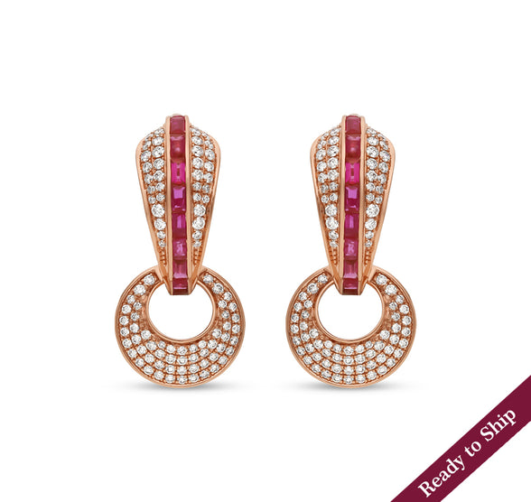 Round Natural Diamond With pink Baguette Rose Gold Hoop Earrings