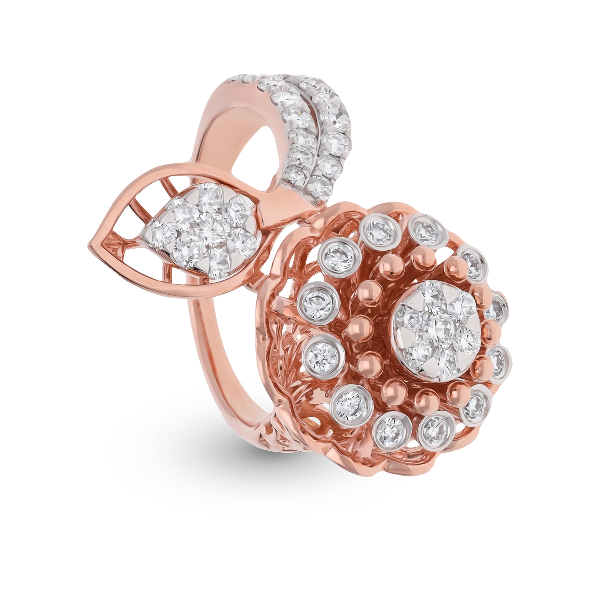 Floral  Shape Round Natural Diamond With Bypass Shank Rose Gold Cocktail Ring