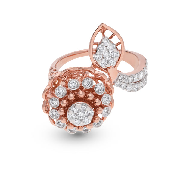 Floral  Shape Round Natural Diamond With Bypass Shank Rose Gold Cocktail Ring