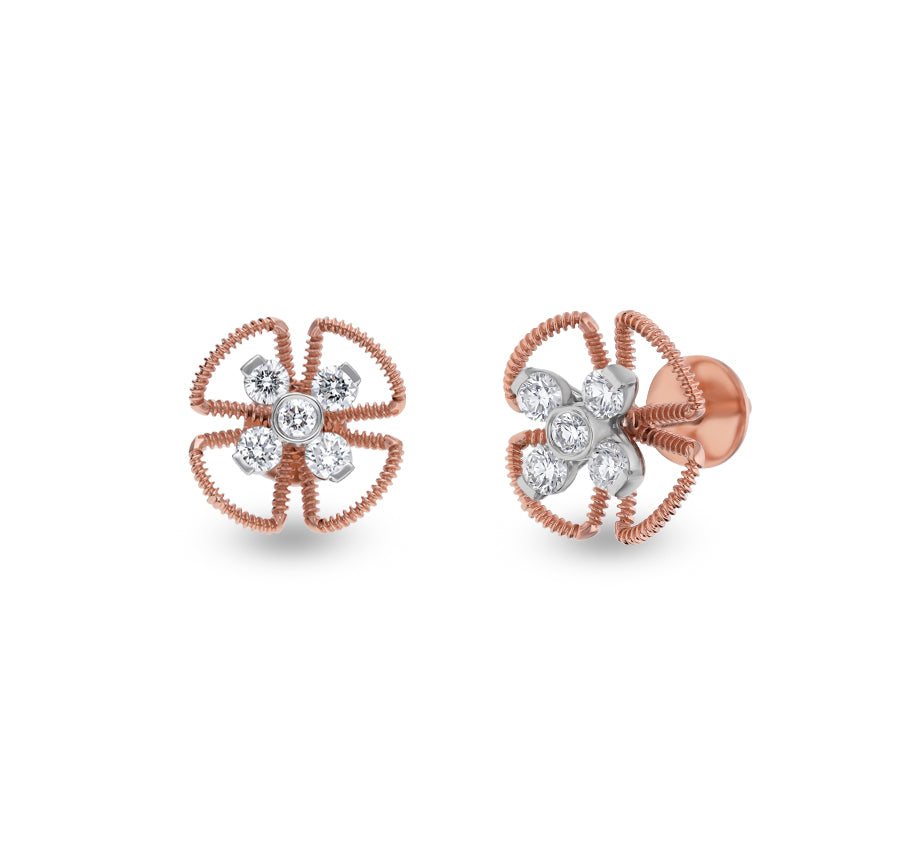 Cruciform Flower Shaped Rose Gold Diamond Stud Earrings