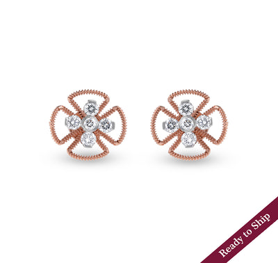 Cruciform Flower Shaped Rose Gold Diamond Stud Earrings