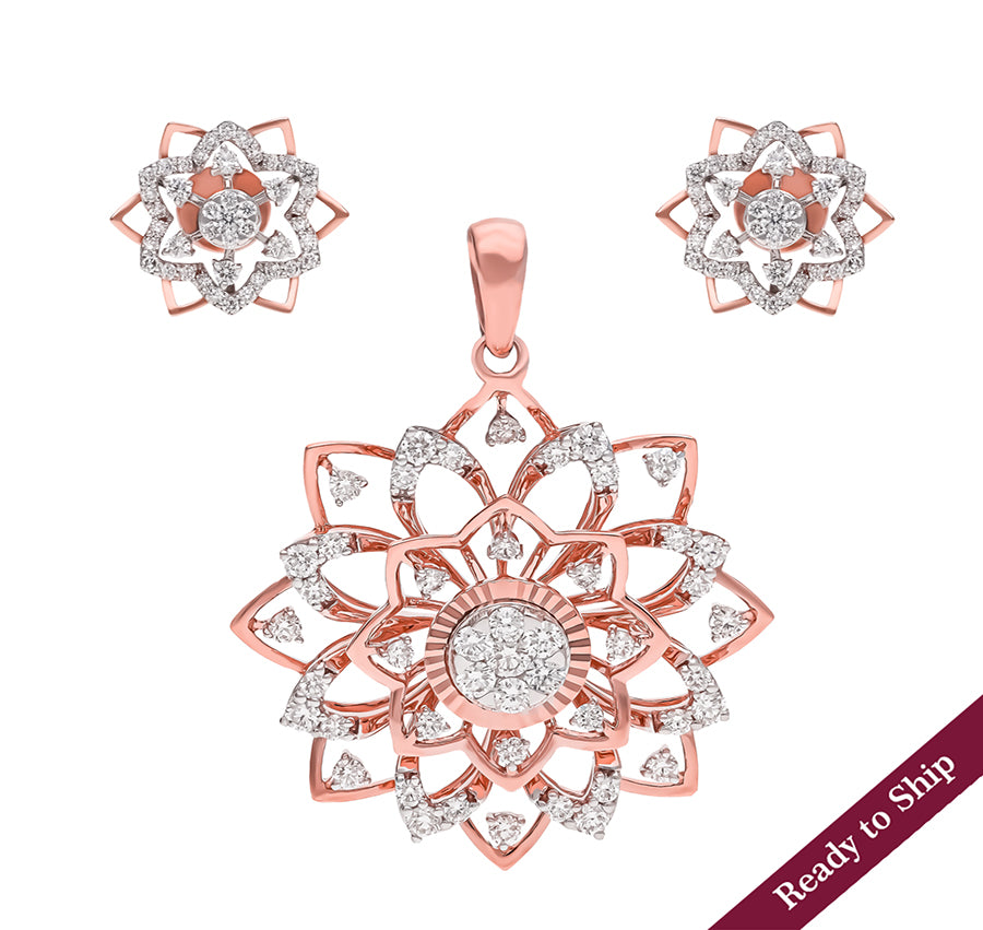 Flower Shaped Round Diamond Rose Gold Pendant Set Without Chain