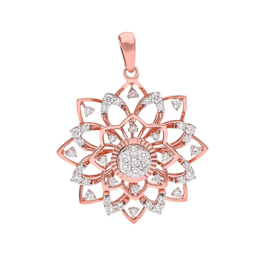 Flower Shaped Round Diamond Rose Gold Pendant Set Without Chain