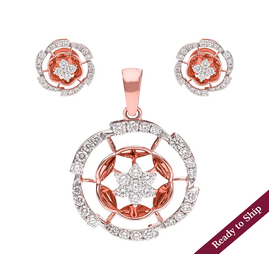 Pressure Round Prong Setting Diamond Rose Gold Casual Pendant Set