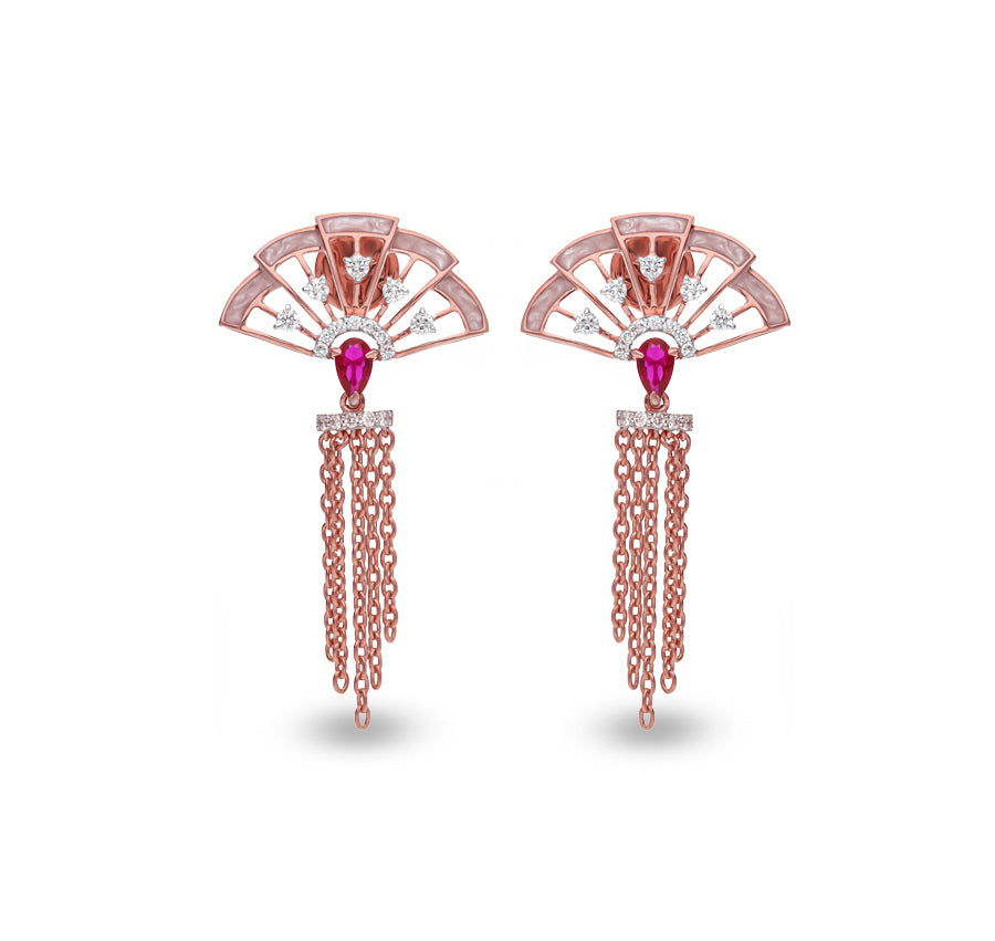 Pink Pear Sapphire Round Natural Diamond With Prong Set Rose Gold Dangle Earring