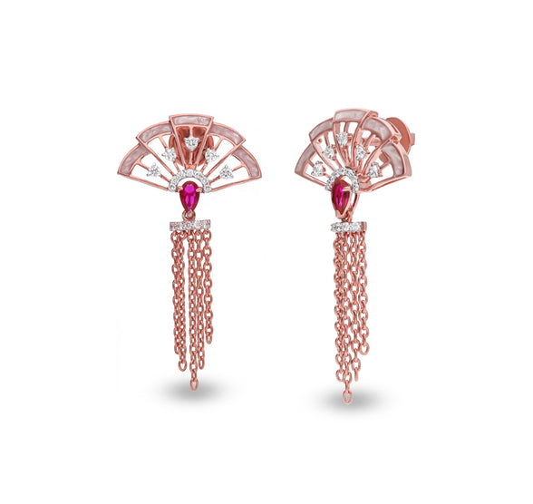 Pink Pear Sapphire Round Natural Diamond With Prong Set Rose Gold Dangle Earring