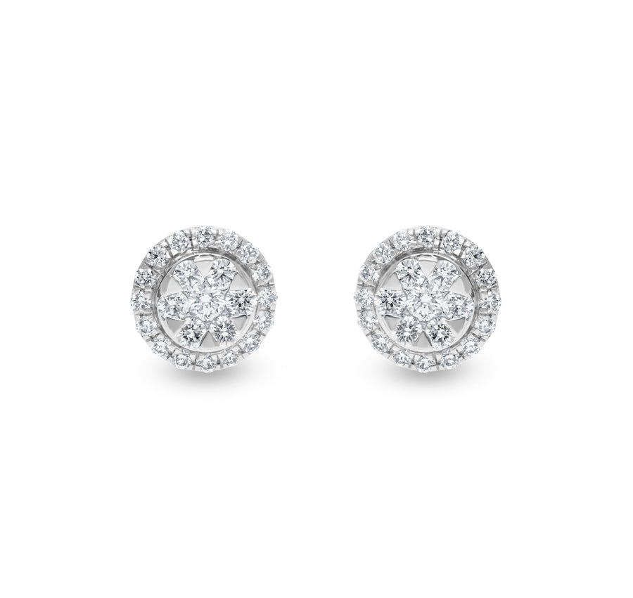 Spherical Halo Shape Round Natural Diamond White Gold Stud Earrings