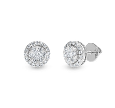 Spherical Halo Shape Round Natural Diamond White Gold Stud Earrings