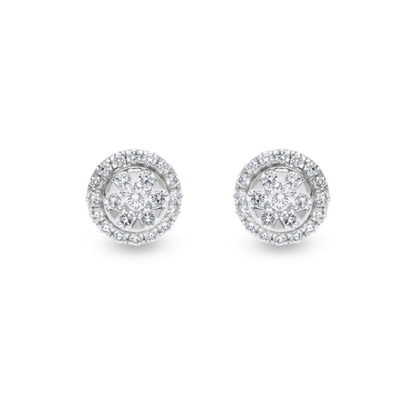 Spherical Halo Shape Round Natural Diamond White Gold Stud Earrings