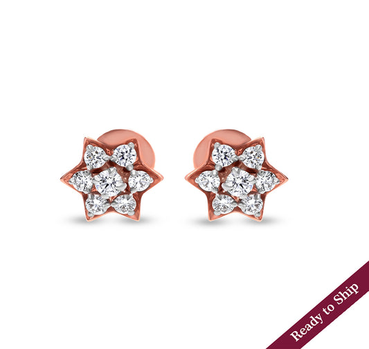 Floret Shape Round Natural Diamond With Prong Set Rose Gold Stud Earrings