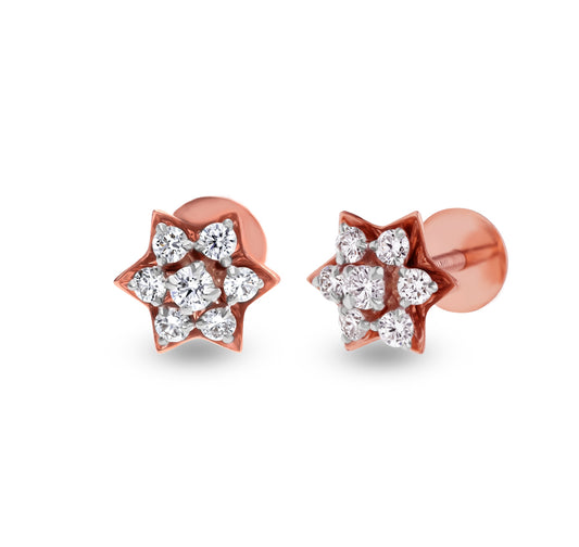Floret Shape Round Natural Diamond With Prong Set Rose Gold Stud Earrings
