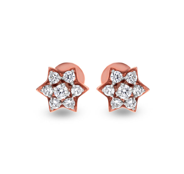 Floret Shape Round Natural Diamond With Prong Set Rose Gold Stud Earrings