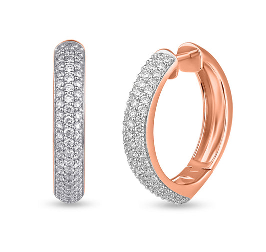 Round Natural Diamond With Pave And Prong Set Rose Gold Hoop Earrings