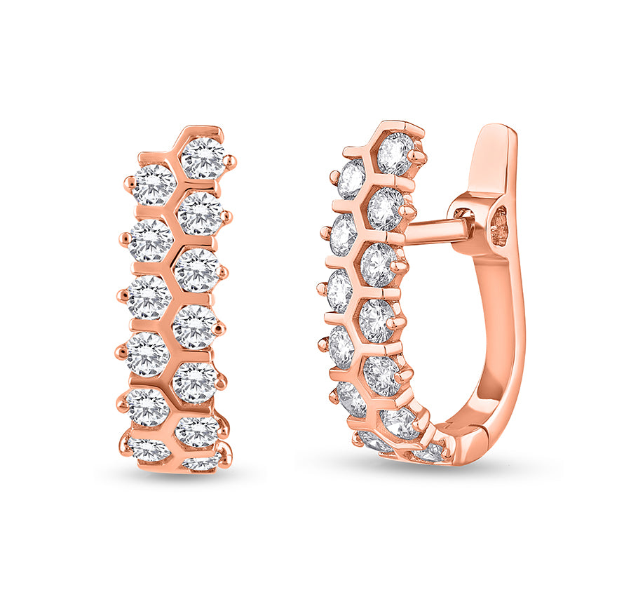 Round Natural Diamond With Bar Set Rose Gold Hoop Earrings