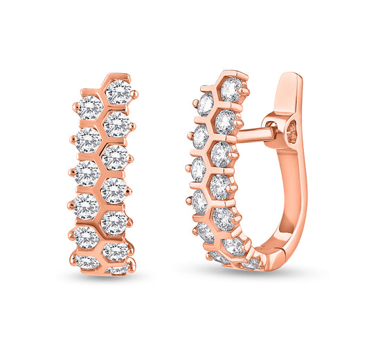 Round Natural Diamond With Bar Set Rose Gold Hoop Earrings