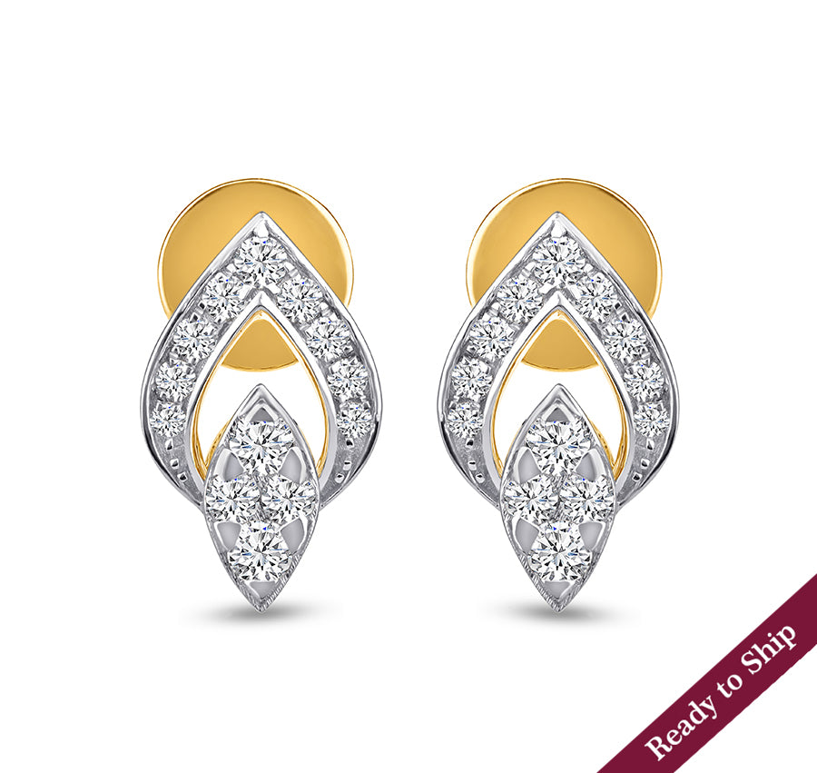 Leaf Shape Round Natural Diamond With Prong Set Yellow Gold Stud Earrrings