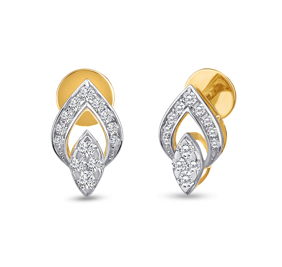 Leaf Shape Round Natural Diamond With Prong Set Yellow Gold Stud Earrrings