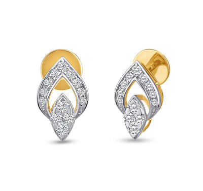 Leaf Shape Round Natural Diamond With Prong Set Yellow Gold Stud Earrrings