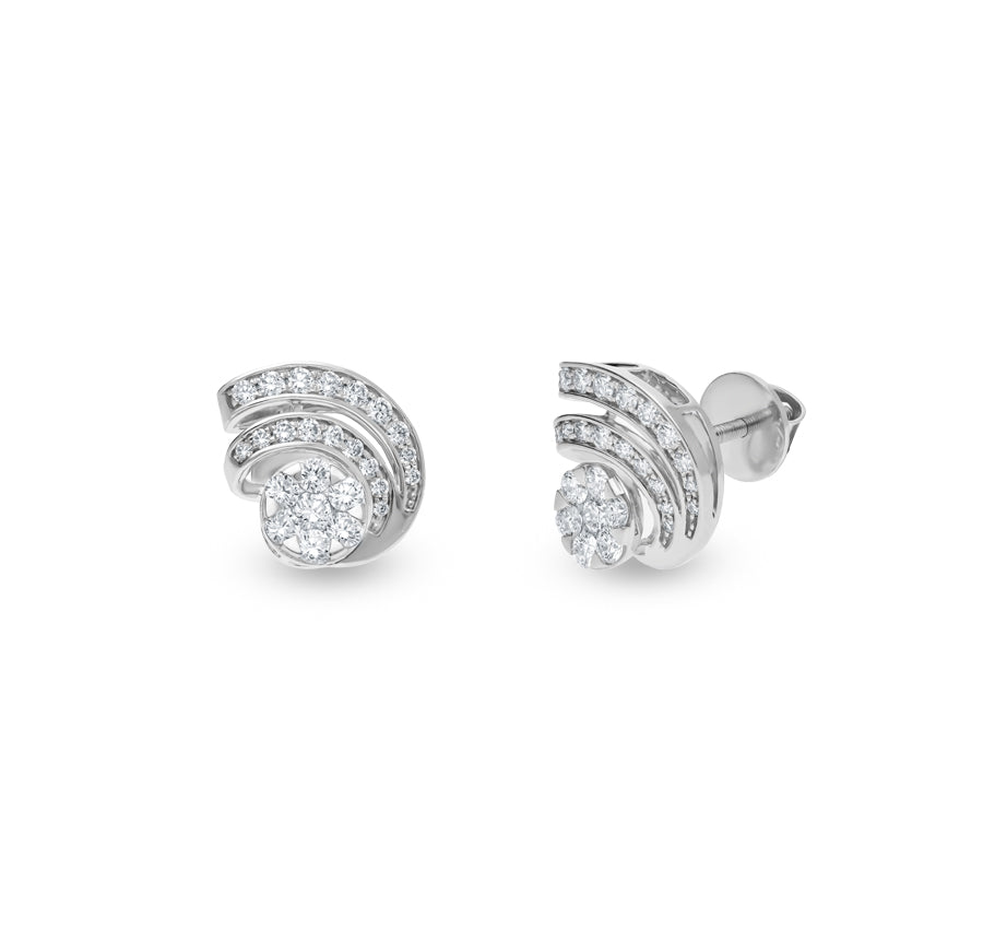 Curved Twisted Round Diamond With Prong Set White Gold Stud Earrings