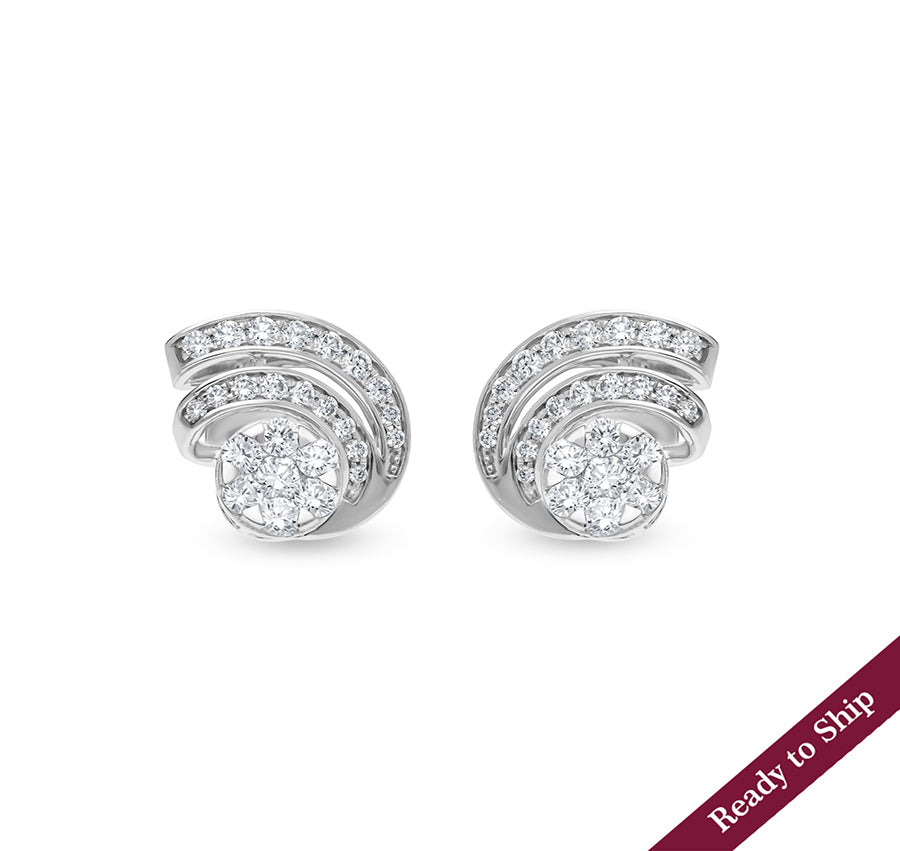 Curved Twisted Round Diamond With Prong Set White Gold Stud Earrings