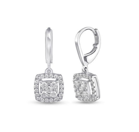 Round Natural Diamond With Prong Set White Gold Dangle Earrings