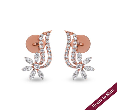 Floral Frond Round Cut Diamond With Prong Set Rose Gold Stud Earrings