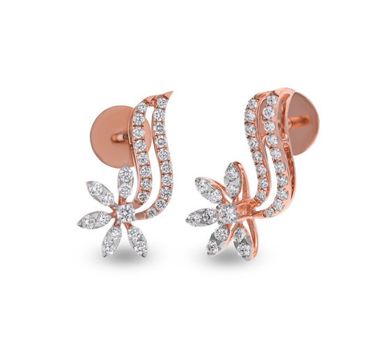 Floral Frond Round Cut Diamond With Prong Set Rose Gold Stud Earrings