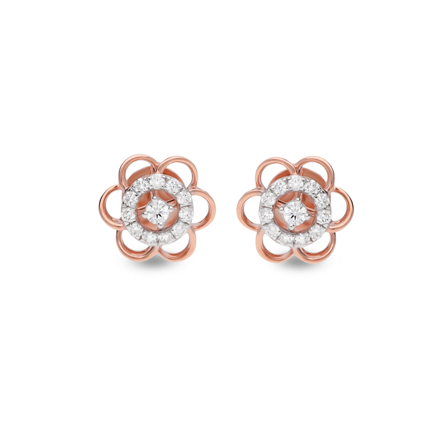 Flower Shape Round Natural Diamond With Prong Set Rose Gold Stud Earring