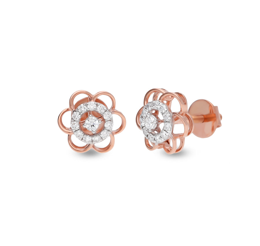 Flower Shape Round Natural Diamond With Prong Set Rose Gold Stud Earring