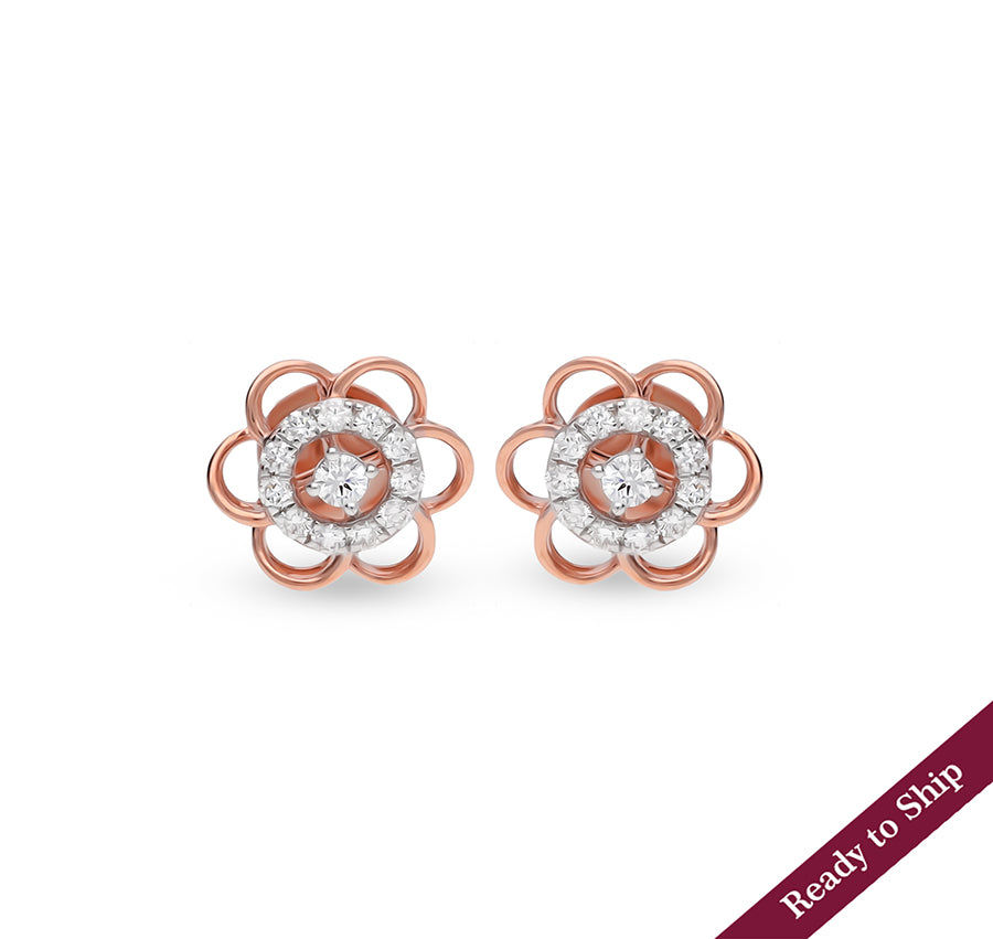 Flower Shape Round Natural Diamond With Prong Set Rose Gold Stud Earring