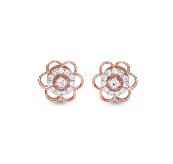 Flower Shape Round Natural Diamond With Prong Set Rose Gold Stud Earring