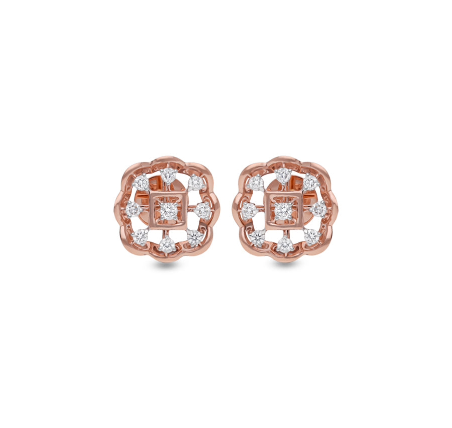 Floral Shape Round Natural Diamond With Prong Set Rose Gold Stud Earring