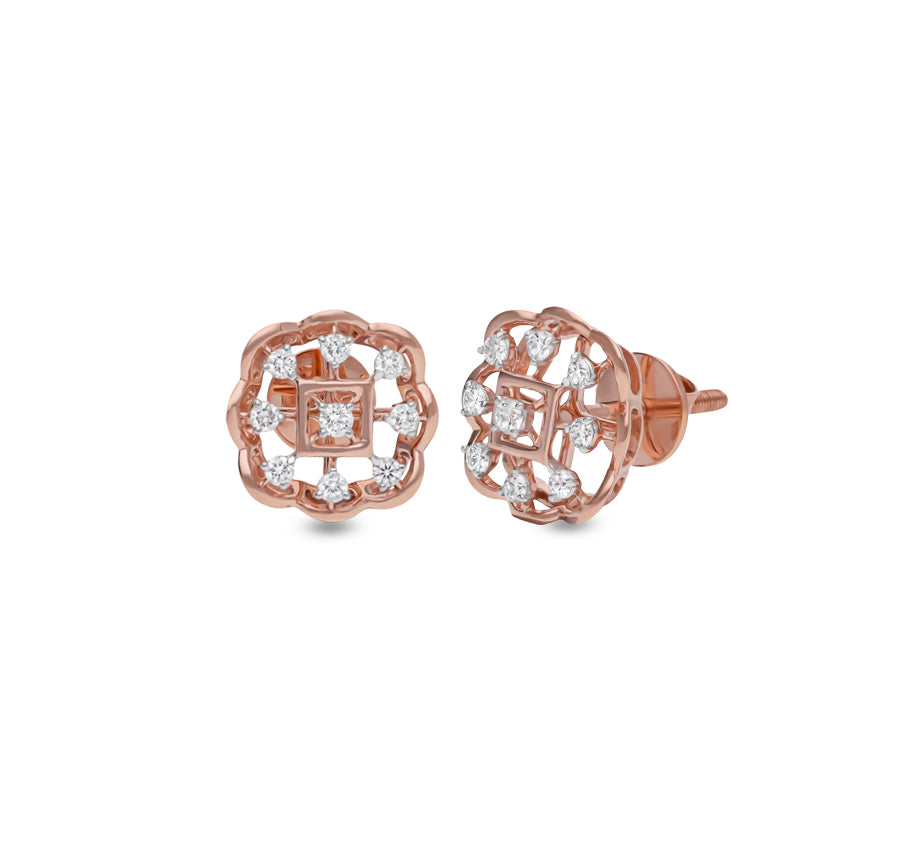 Floral Shape Round Natural Diamond With Prong Set Rose Gold Stud Earring