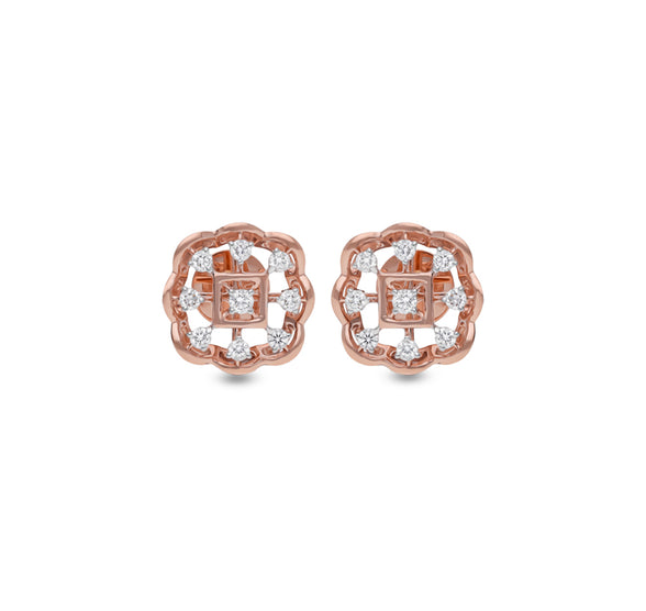 Floral Shape Round Natural Diamond With Prong Set Rose Gold Stud Earring