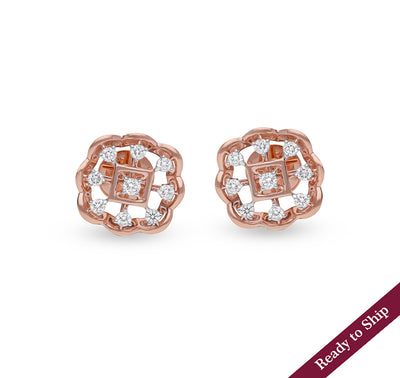 Floral Shape Round Natural Diamond With Prong Set Rose Gold Stud Earring