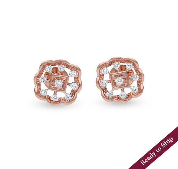 Floral Shape Round Natural Diamond With Prong Set Rose Gold Stud Earring