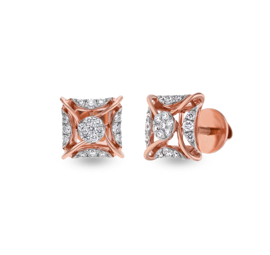 Cuboid Criss Cross Round Natural Diamond Rose Gold Stud Earrings