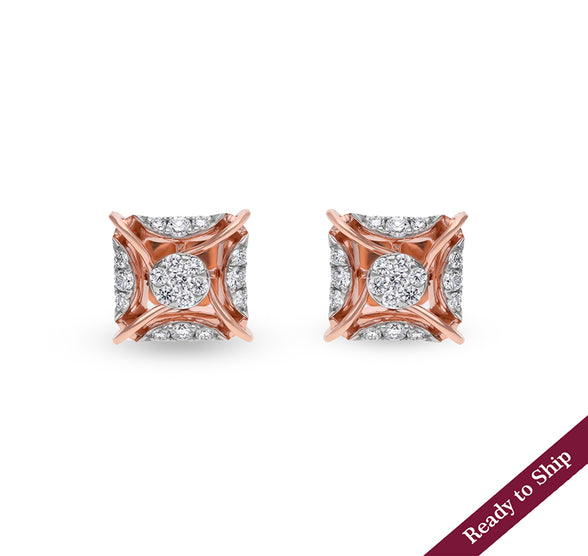 Cuboid Criss Cross Round Natural Diamond Rose Gold Stud Earrings