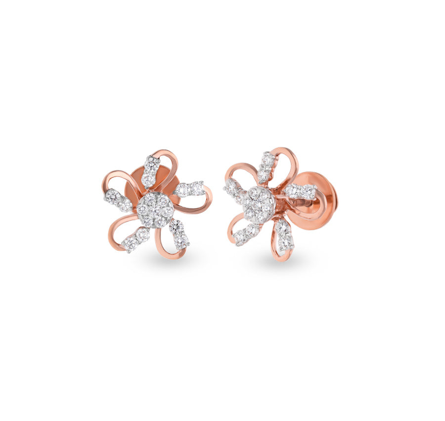 Floral Shaped Round Diamond With Prong Set Rose Gold Stud Earrings