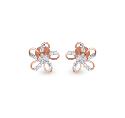 Floral Shaped Round Diamond With Prong Set Rose Gold Stud Earrings