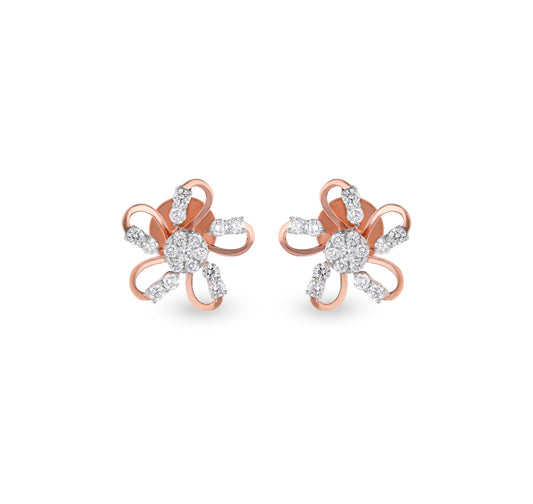 Floral Shaped Round Diamond With Prong Set Rose Gold Stud Earrings