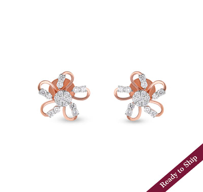 Floral Shaped Round Diamond With Prong Set Rose Gold Stud Earrings