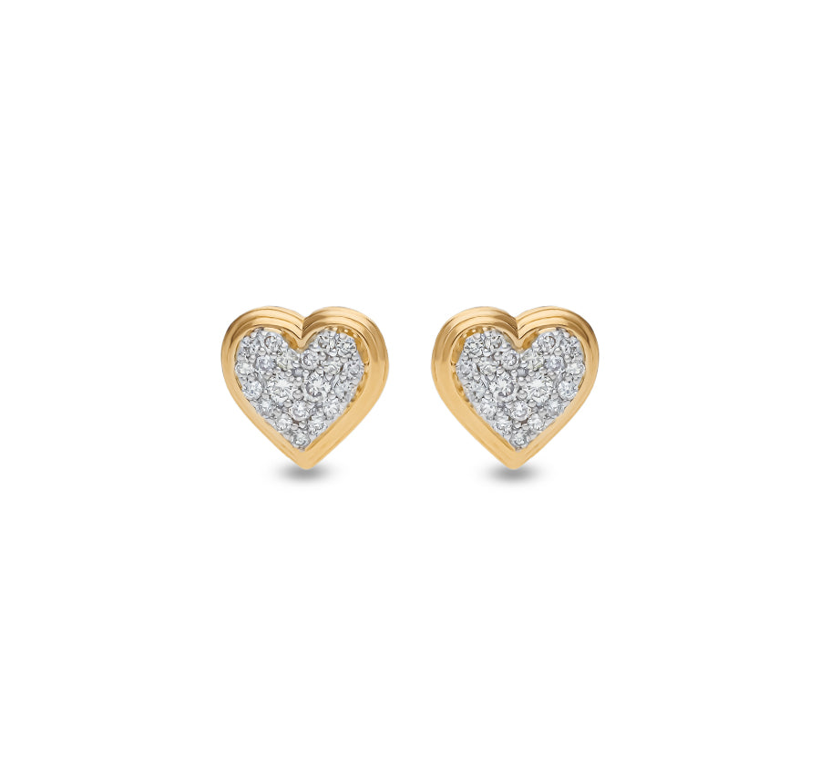 Heart Shape Round Natural Diamond With Pave Set Yellow Gold Stud Earring