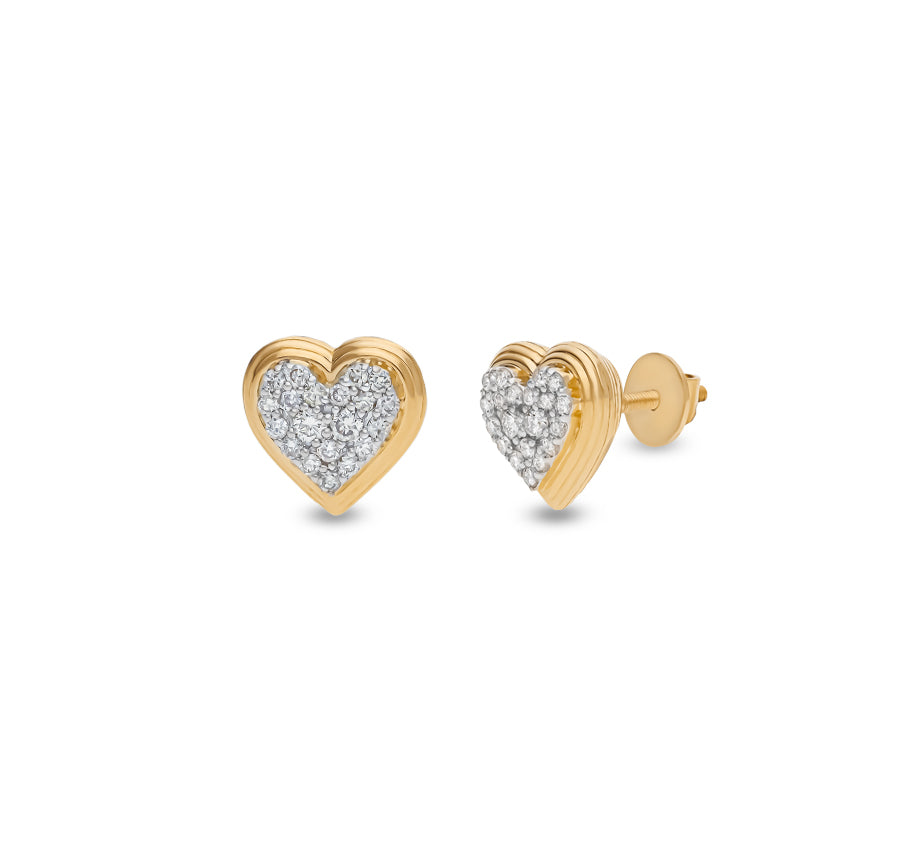 Heart Shape Round Natural Diamond With Pave Set Yellow Gold Stud Earring