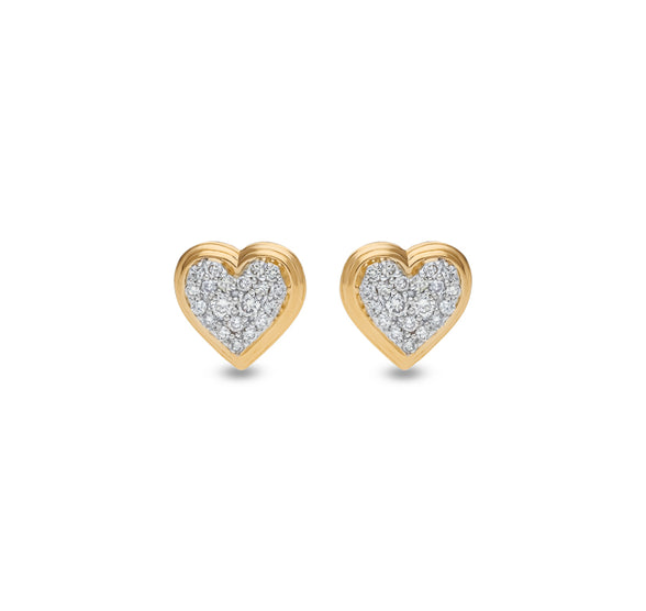 Heart Shape Round Natural Diamond With Pave Set Yellow Gold Stud Earring