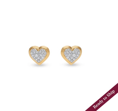 Heart Shape Round Natural Diamond With Pave Set Yellow Gold Stud Earring