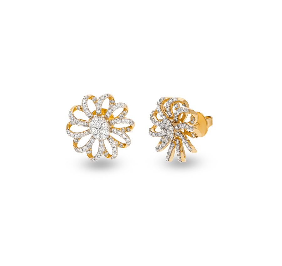 Ligulate Flower Shape Round Natural Diamond With Prong Set Yellow Gold Stud Earrings